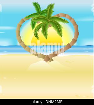 A vector illustration of a romantic beach scene  with heart shaped palm trees Stock Vector