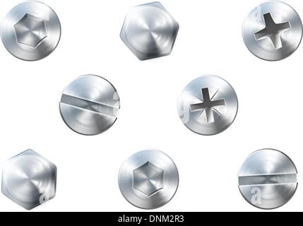 A set of metal shiny screws and bolts for use in your designs Stock Vector