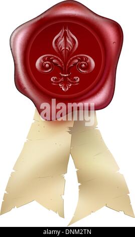 A Fleur-de-lis Wax Seal graphic with red sealing wax with a fleur de lis embossed on it with scroll ribbons Stock Vector