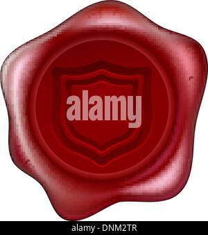 A red sealing wax seal with a shield motif embossed on it. Concept for guaranteed secure or similar. Stock Vector