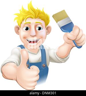 An illustration of a cartoon painter holding up a paintbrush and giving a thumbs up Stock Vector