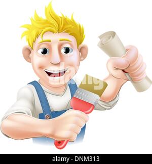 Painter decorator with certificate, qualification or other scroll and paintbrush. Education concept for being professionally qua Stock Vector