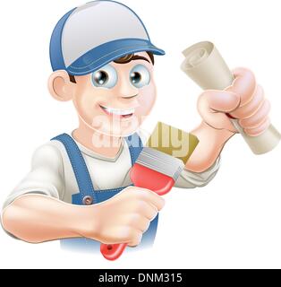 Painter decorator with certificate, qualification or other scroll and paint brush. Education concept for being professionally qu Stock Vector