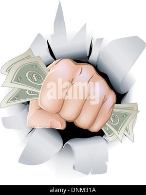 A fist full of paper money money, dollars, smashing through the background, or wall. Stock Vector