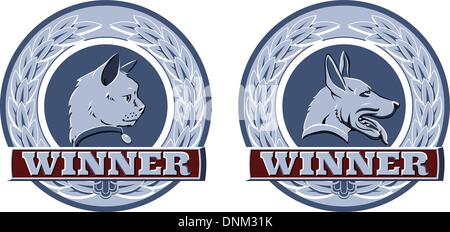 Illustration of cat and dog winners badges or shields in blue and red Stock Vector