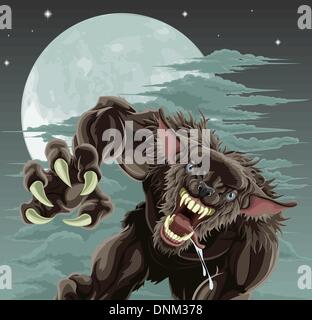 A frightening werewolf in front of moonlit sky. Halloween illustration. Stock Vector