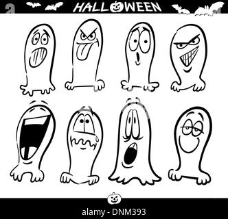 Cartoon Illustration of Halloween Themes, Ghosts Emotions Funny Set for Coloring Book or Page Stock Vector