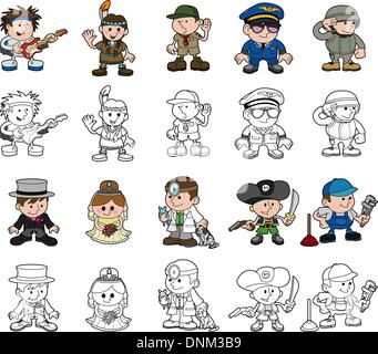 A set of cartoon people or children playing dress up. Includes color and black and white outline versions. Stock Vector