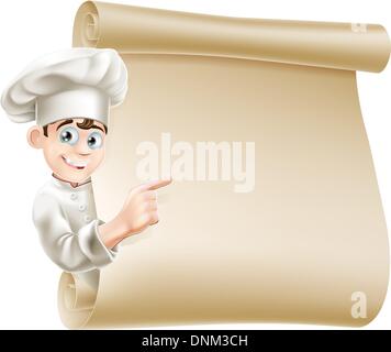 Illustration of a happy chef character pointing at a scroll maybe with a menu on it Stock Vector