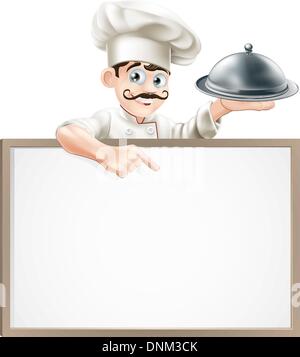A cartoon chef character holding a silver platter or cloche pointing at sign Stock Vector