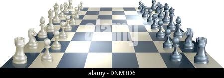 An illustration of a chess board and pieces in perspective at the opening of a chess game Stock Vector