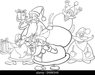 illustration of five santa clauses group for coloring book Stock Vector