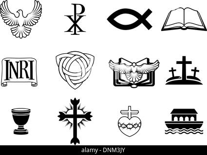A set of Christian icons and symbols, including dove, Chi Ro, fish symbol, bible, INRI sign, trinity christogram, cross, communi Stock Vector