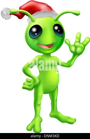 Illustration of a cute cartoon little green man alien mascot with Santa hat Christmas outfit smiling and waving Stock Vector