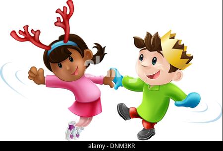 Cartoon of two children or young people in seasonal Christmas outfits having fun dancing Stock Vector