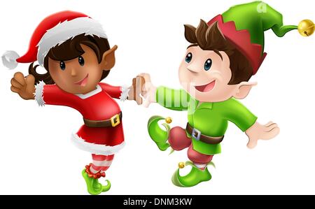 Two happy Christmas elves enjoying a Christmas dance in Santa outfit and elf clothes Stock Vector