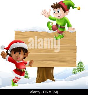 Cute elves one leaning on and one sitting on a Christmas sign in a winter landscape Stock Vector