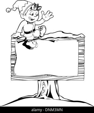 Drawing of a happy Christmas elf on sitting on a sign Stock Vector
