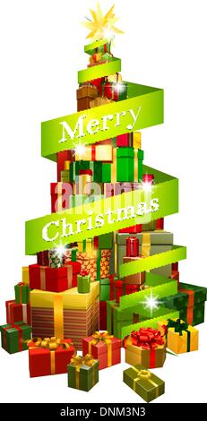 A stack or pile of Christmas presents or gifts in the shape of a Christmas tree with a star shaped ornament or decoration on the Stock Vector