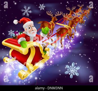 Christmas illustration of Santa Claus flying in his sled or sleigh with night background Stock Vector