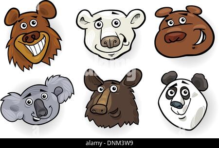 Cartoon Illustration of Different Funny Bears Heads Set: Grizzly, Polar Bear, Panda, Koala and American Black Bear Stock Vector