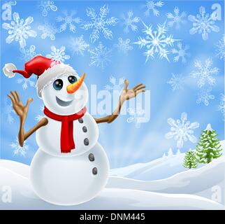 Christmas Snowman standing in a winter landscape with snowflakes and Christmas trees Stock Vector