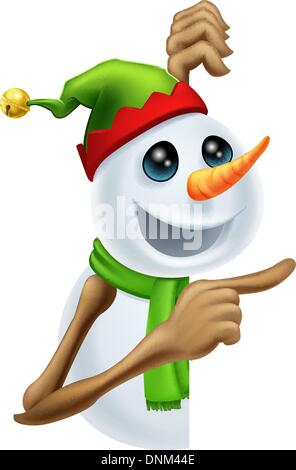 Illustration of a cute happy Christmas snowman in pixie or elf hat pointing Stock Vector