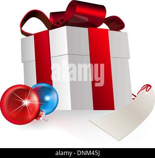 illustration of a gift box and christmas baubles, depicting a seasonal gift Stock Vector