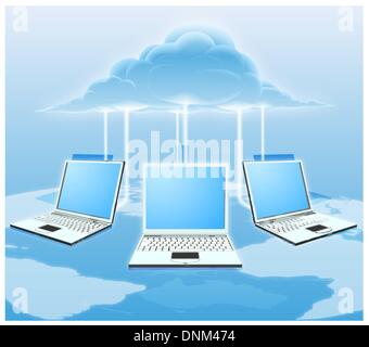 A conceptual cloud computing illustration. Laptops connected to the cloud with a world map in the background. Stock Vector