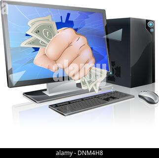 An illustration of a desktop computer with a fist full of dollars breaking out of the screen Stock Vector