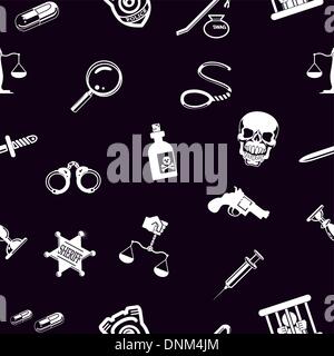 A repeating seamless crime, law or legal background tile texture with lots of icons of different items related to crime and law  Stock Vector