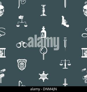 A repeating seamless crime, law or legal background tile texture with lots of icons of different items related to crime and law  Stock Vector