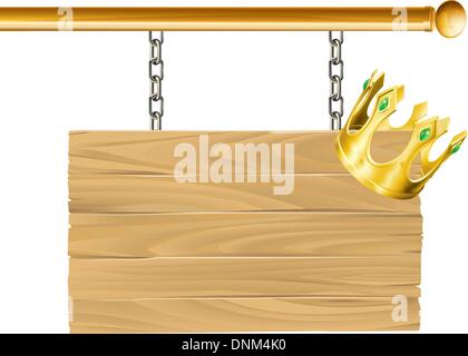 Suspended wood sign on chains with a crown hanging on it Stock Vector