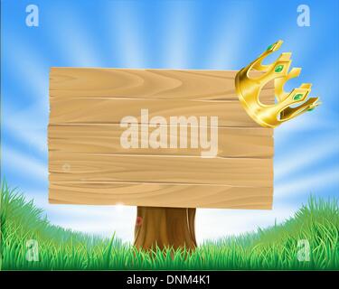 Wooden sign in green field with a retro golden crown hanging on one corner Stock Vector