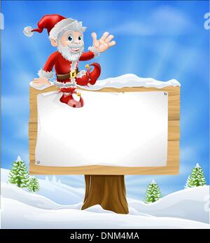 Illustration of happy cartoon Santa Claus sitting on a Christmas sign in winter landscape and waving Stock Vector
