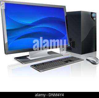 An illustration of desktop PC computer workstation. Monitor, mouse keyboard and tower Stock Vector