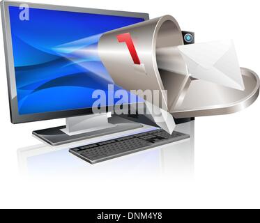 Desktop computer with mailbox and letter envelope flying out of screen, computer email message concept Stock Vector