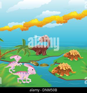 Cute dinosaurs in prehistoric scene. Series of three illustrations that can be used separately or side by side to form panoramic Stock Vector