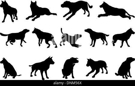 A set of pet dog silhouettes including the dog playing, jumping and walking Stock Vector