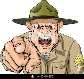 Illustration of cartoon angry looking army drill sergeant shouting at the viewer Stock Vector