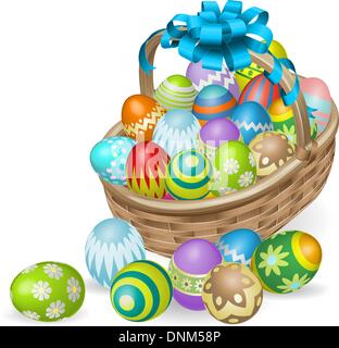 Easter basket of colourful painted Easter eggs with blue bow Stock Vector