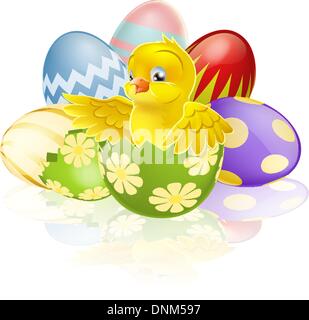 An illustration of a cartoon yellow Easter chick hatching out of a broken Easter egg with more chocolate decorated Eater eggs in Stock Vector