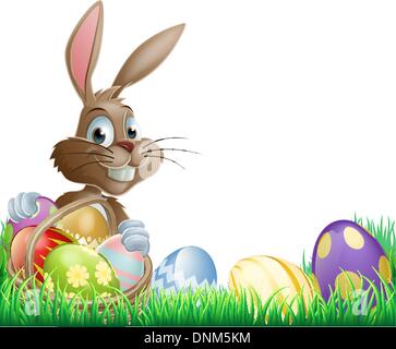 Isolated Easter footer design with a bunny rabbit and decorated Easter eggs in a basket Stock Vector