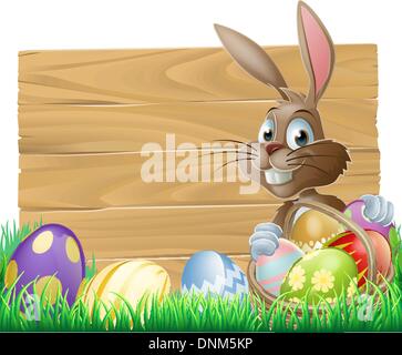 The Easter bunny with a basket of Easter eggs with more Easter eggs around him by a wood sign board Stock Vector