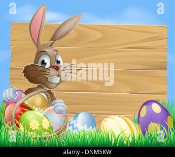 A cute Easter bunny rabbit character standing by a wooden sign holding a basket of decorated Easter eggs surrounded by Easter eg Stock Vector