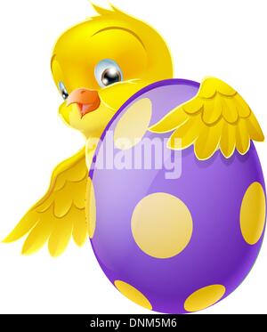 Cute Easter chick cartoon character holding onto and peeking round a painted chocolate Easter egg Stock Vector