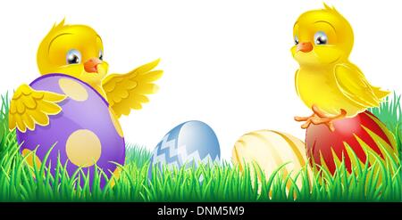Two cute happy little yellow Easter chicks with colorful decorated Easter eggs Stock Vector