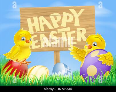 Cartoon illustration of Easter chicks and painted Easter eggs with a wooden sign reading Happy Easter Stock Vector