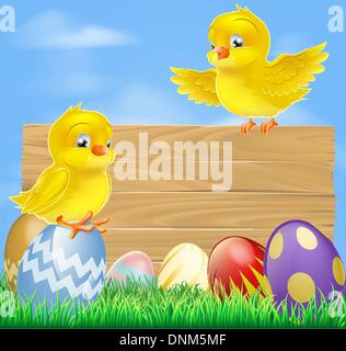 An illustration of cute little yellow cartoon Easter chicks and wooden sign Stock Vector