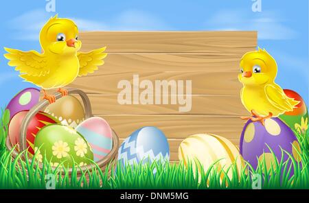 A blank wooden Easter egg sign with Easter eggs in a wooden hamper, chicks and copyspace Stock Vector